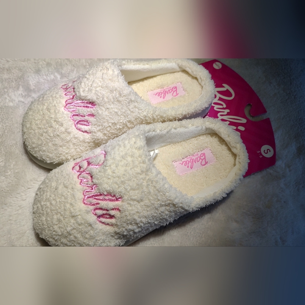 White & Pink Sherpa Barbie Slippers Small NWT